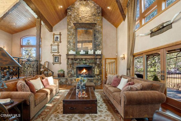 Fireplace, Interior, Living room, Recessed Lighting, Stone Walls, Wooden Beams, Wooden Ceilings