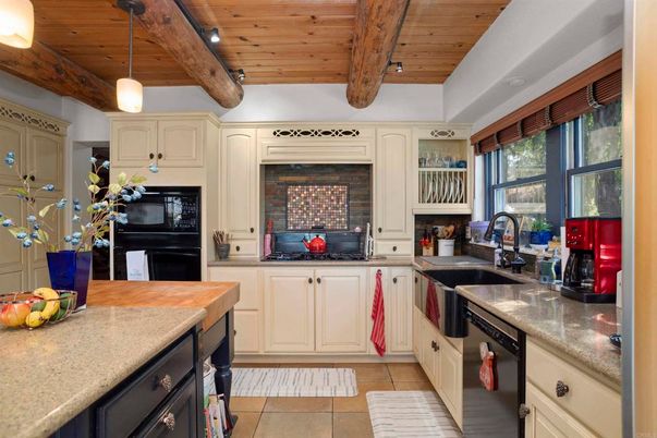 Interior, Kitchen, Pendant Lights, Recessed Lighting, Stainless Steel Appliances, Wooden Beams, Wooden Ceilings