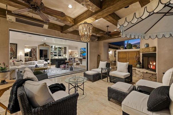 Chandelier, Fireplace, Interior, Living room, Recessed Lighting, Wooden Beams