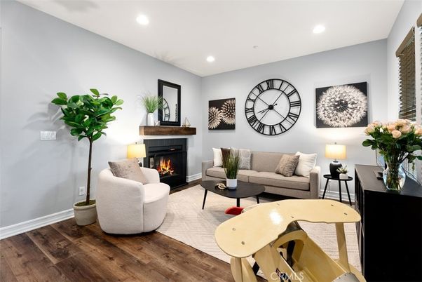 Fireplace, Interior, Living room, Recessed Lighting, Wood Texture Flooring