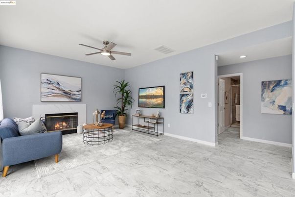 Fireplace, Interior, Living room, Marble, Recessed Lighting