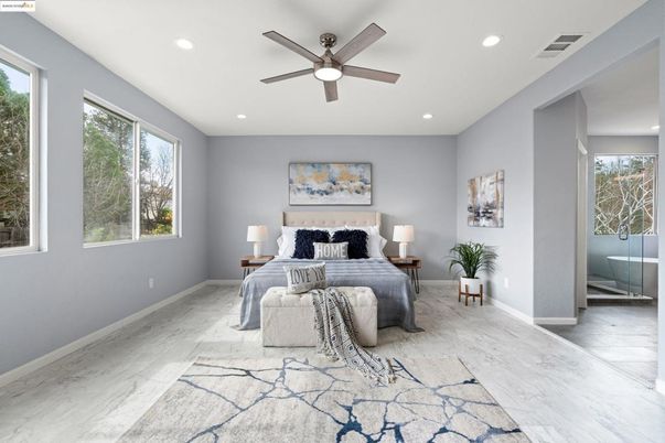 Bedroom, Interior, Marble, Recessed Lighting, Wood Texture Flooring