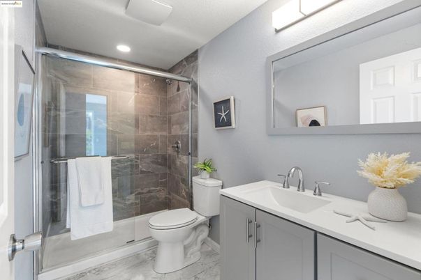 Bathroom, Glass Shower, Interior, Marble, Recessed Lighting