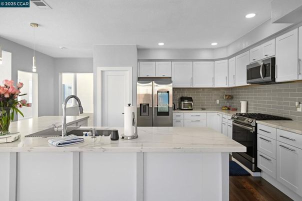 Interior, Kitchen, Pendant Lights, Recessed Lighting, Stainless Steel Appliances, Wood Texture Flooring