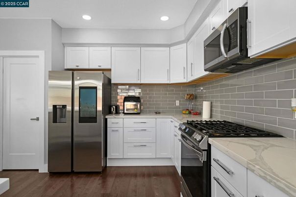 Interior, Kitchen, Recessed Lighting, Stainless Steel Appliances, Wood Texture Flooring