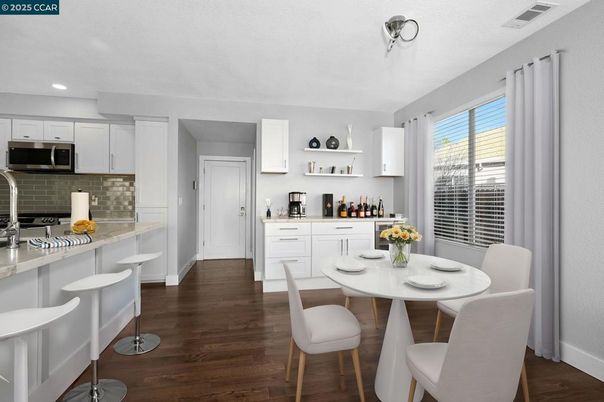 Dining room, Interior, Kitchen, Recessed Lighting, Wood Texture Flooring