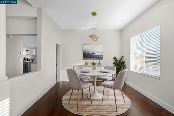 Dining room, Interior, Pendant Lights, Wood Texture Flooring