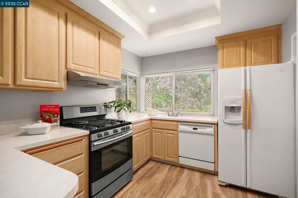 Interior, Kitchen, Recessed Lighting, Stainless Steel Appliances, Wood Texture Flooring