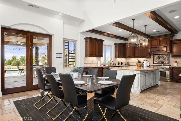 Dining room, Interior, Kitchen, Pendant Lights, Recessed Lighting, Stainless Steel Appliances, Wooden Beams