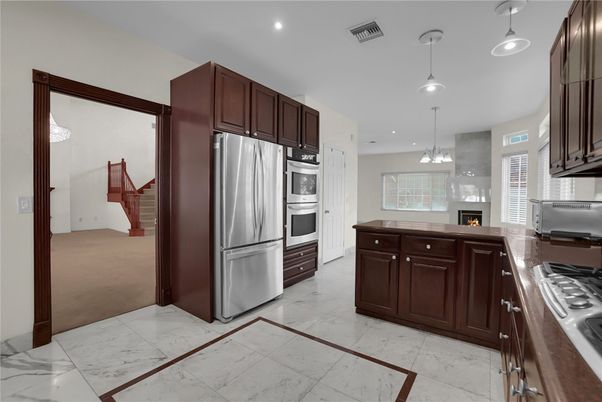 Interior, Kitchen, Marble, Pendant Lights, Recessed Lighting, Stainless Steel Appliances