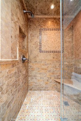 Bathroom, Glass Shower, Interior, Recessed Lighting, Stone Walls