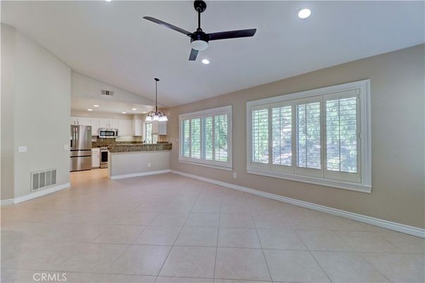 Empty room, Interior, Kitchen, Pendant Lights, Recessed Lighting, Stainless Steel Appliances