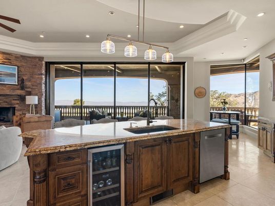 Fireplace, Interior, Kitchen, Living room, Pendant Lights, Recessed Lighting, Water