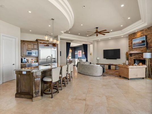 Fireplace, Interior, Kitchen, Living room, Pendant Lights, Recessed Lighting, Stainless Steel Appliances