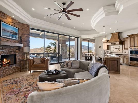 Dining room, Fireplace, Interior, Kitchen, Living room, Pendant Lights, Recessed Lighting, Stainless Steel Appliances