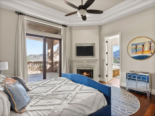 Bedroom, Fireplace, Interior, Wood Texture Flooring