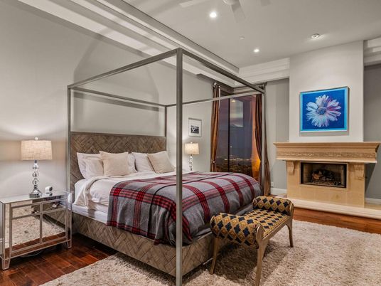 Bedroom, Fireplace, Interior, Recessed Lighting, Wood Texture Flooring