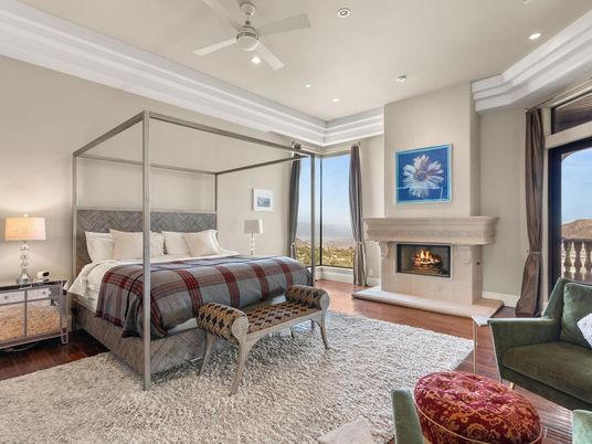 Bedroom, Fireplace, Interior, Recessed Lighting, Wood Texture Flooring