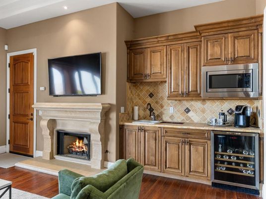 Fireplace, Interior, Kitchen, Recessed Lighting, Wood Texture Flooring