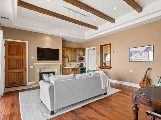 Fireplace, Interior, Kitchen, Living room, Recessed Lighting, Wooden Beams, Wood Texture Flooring