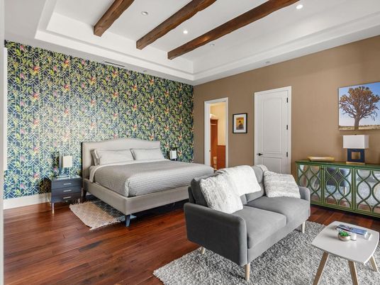 Bedroom, Interior, Recessed Lighting, Wooden Beams, Wood Texture Flooring