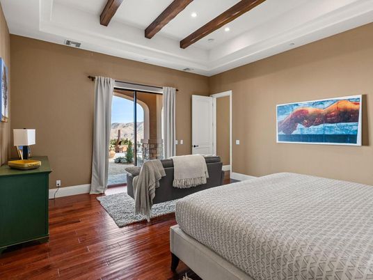 Bedroom, Interior, Recessed Lighting, Wooden Beams, Wood Texture Flooring