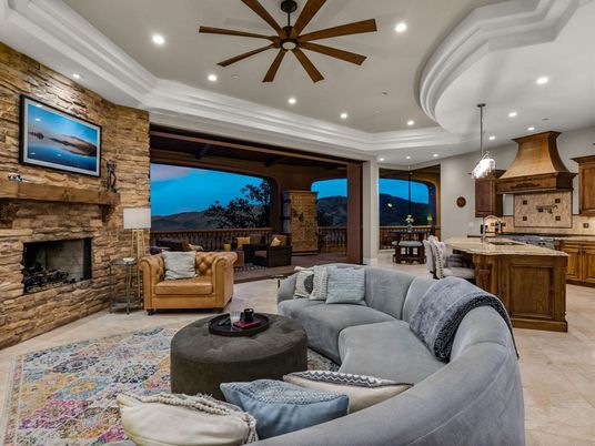 Fireplace, Interior, Kitchen, Living room, Pendant Lights, Recessed Lighting, Stone Walls