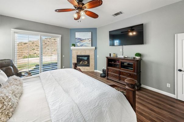 Bedroom, Fireplace, Interior, Wood Texture Flooring