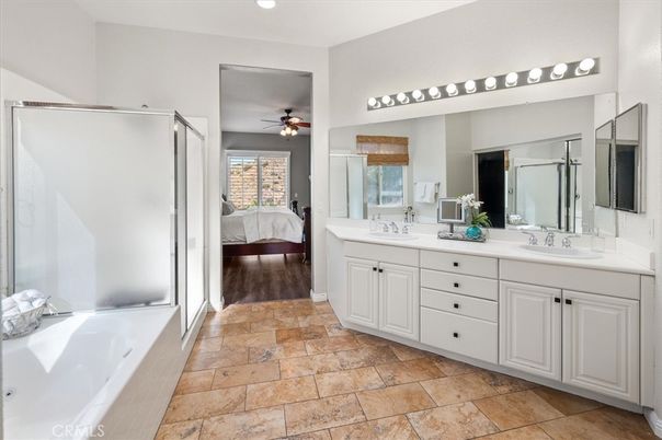 Bathroom, Bedroom, Dual Sink Vanities, Interior, Recessed Lighting, Wood Texture Flooring