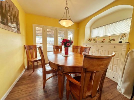 Dining room, Interior, Pendant Lights, Wood Texture Flooring