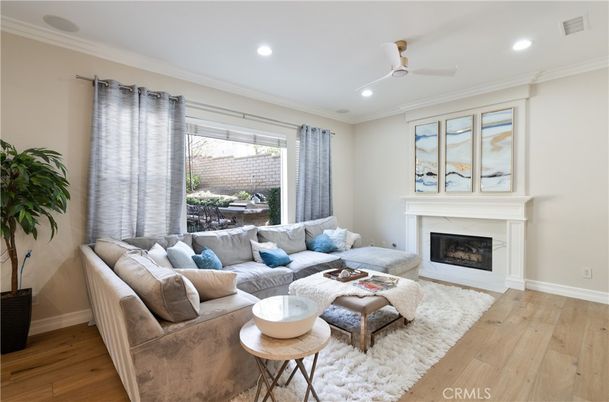 Fireplace, Interior, Living room, Recessed Lighting, Wood Texture Flooring
