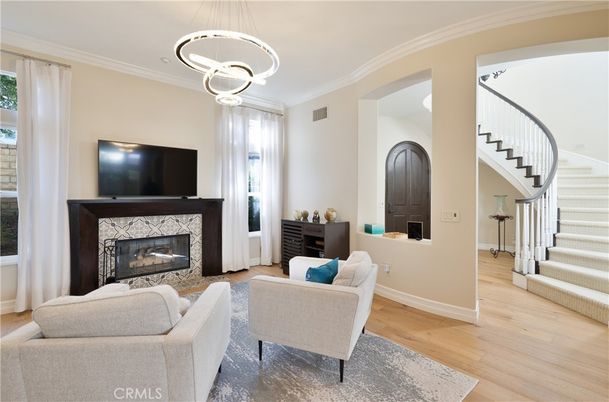 Fireplace, Interior, Living room, Pendant Lights, Wood Texture Flooring