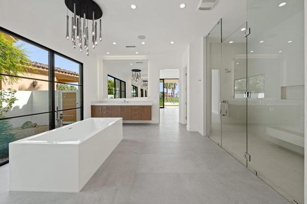 Bathroom, Free Standing Baths, Glass Shower, Interior, Pendant Lights, Recessed Lighting