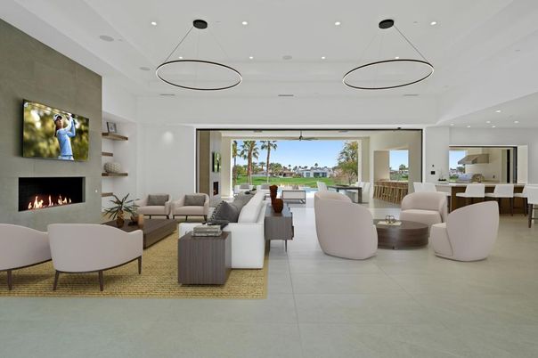 Dining room, Fireplace, Interior, Living room, Pendant Lights, Recessed Lighting