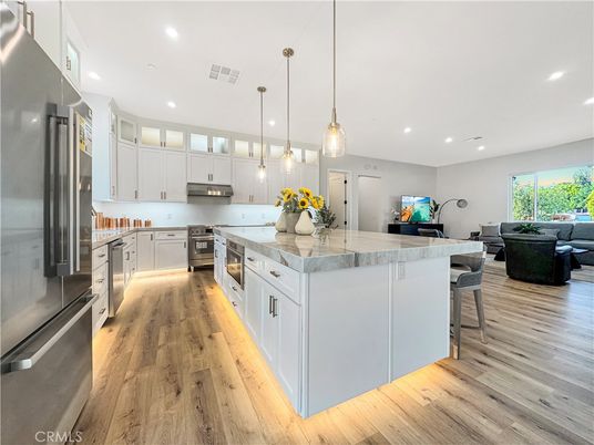 Interior, Kitchen, Living room, Pendant Lights, Recessed Lighting, Stainless Steel Appliances, Wood Texture Flooring