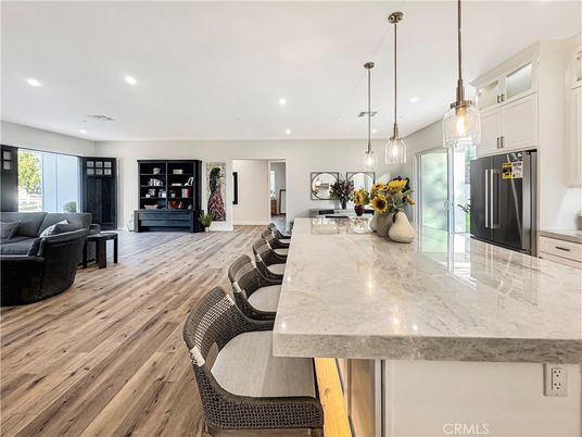 Interior, Kitchen, Living room, Pendant Lights, Recessed Lighting, Wood Texture Flooring