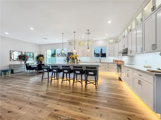 Dining room, Interior, Kitchen, Pendant Lights, Recessed Lighting, Wood Texture Flooring