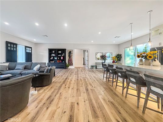 Dining room, Interior, Living room, Pendant Lights, Recessed Lighting, Wood Texture Flooring