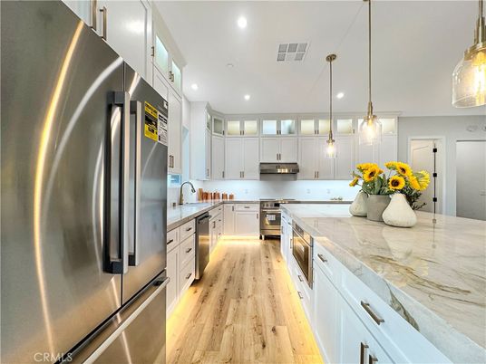 Interior, Kitchen, Pendant Lights, Recessed Lighting, Stainless Steel Appliances, Wood Texture Flooring