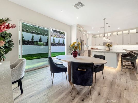 Dining room, Interior, Kitchen, Pendant Lights, Recessed Lighting, Wood Texture Flooring