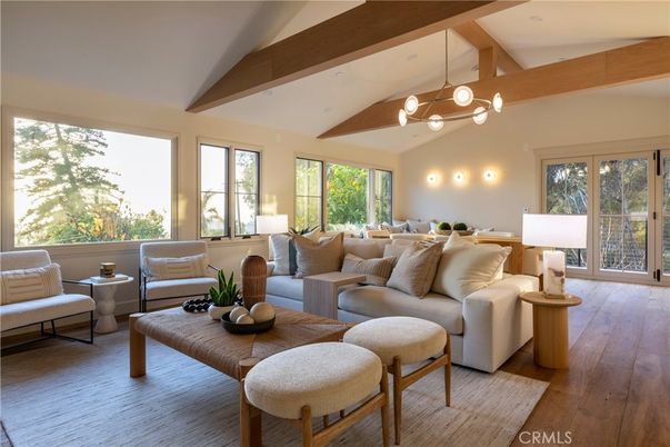 Interior, Living room, Pendant Lights, Wooden Beams, Wood Texture Flooring