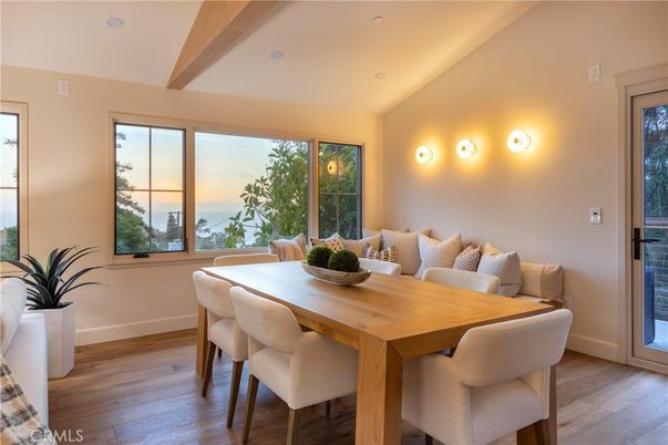 Dining room, Interior, Recessed Lighting, Water, Wooden Beams, Wood Texture Flooring