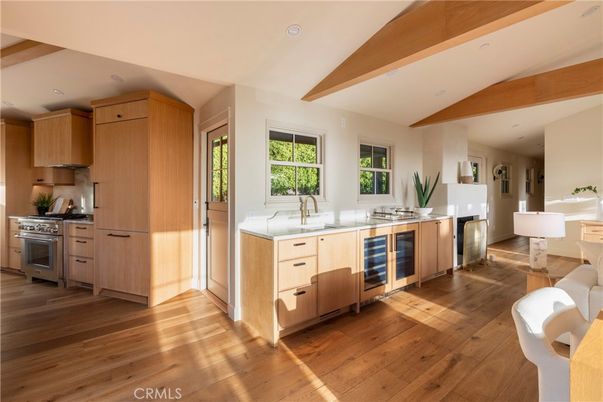 Interior, Kitchen, Recessed Lighting, Stainless Steel Appliances, Wooden Beams, Wood Texture Flooring