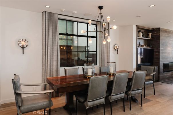 Dining room, Fireplace, Interior, Pendant Lights, Recessed Lighting, Wood Texture Flooring
