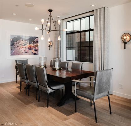 Dining room, Interior, Pendant Lights, Recessed Lighting, Wood Texture Flooring
