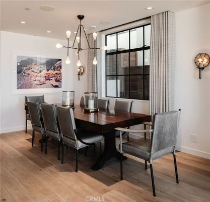 Dining room, Interior, Pendant Lights, Recessed Lighting, Wood Texture Flooring