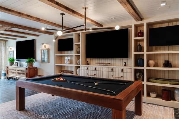Billiard Table, Game Room, Interior, Pendant Lights, Recessed Lighting, Wooden Beams