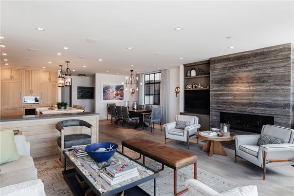 Dining room, Fireplace, Interior, Kitchen, Living room, Pendant Lights, Recessed Lighting, Wood Texture Flooring
