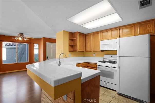 Interior, Kitchen, Tile Countertops, Wood Texture Flooring
