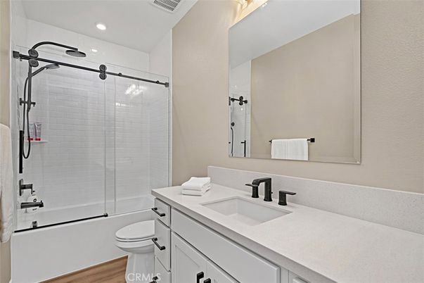 Bathroom, Glass Shower, Interior, Recessed Lighting, Wood Texture Flooring